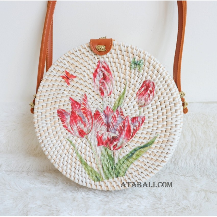 circle rattan sling bags white decoration flower